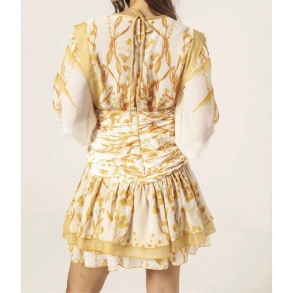 MASAVI Leafs Pleated Short Mini Dress In Mustard Cocktail Party Dress Size S NWT - Picture 4 of 7